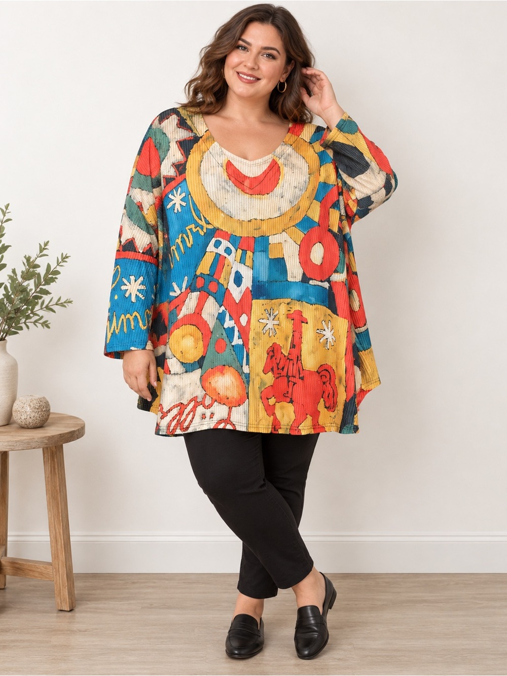 Abstract Modernist Art Print Ribbed Stretch Tunic Top 3X